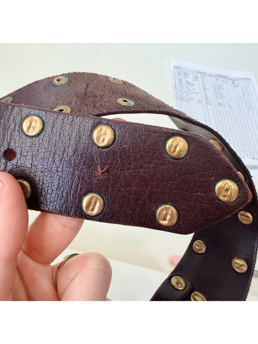 Linea Pelle vintage Studded Leather Belt Brown Brass Western Distressed Size M - Picture 8 of 9